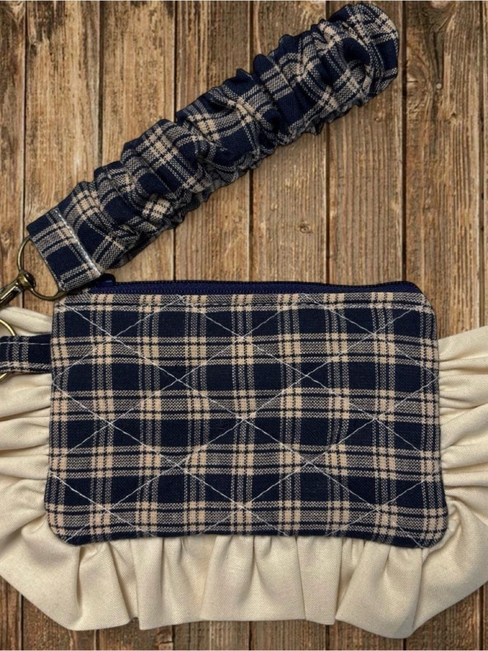 Plaid Ruffle Wristlet Pouch Zipper Coin Purse Scrunchie Strap Coquette